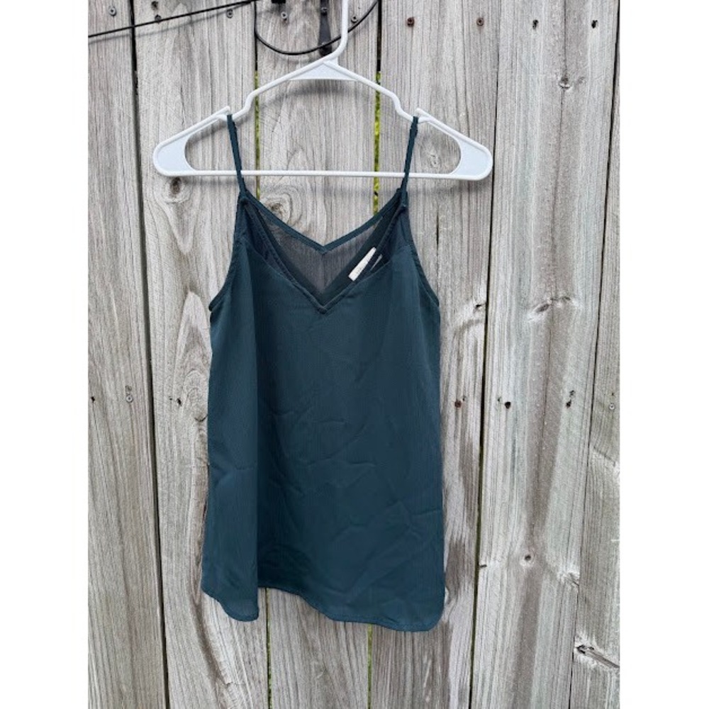 Minimalist Dark Academia Sophie Rue Cami Top XS Green Mesh Trim V-Neck Tank